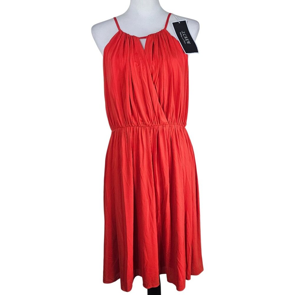 J.Crew Halter Blouson Mini Dress 10 Red Pleated Elastic Waist Stretch Party